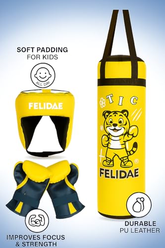 Image of FELIDAE Kids Set for Age (7-13 Years) Pack of 4 Boxing Kit | Punching Bag for Karate | Bounce-Back Martial Arts Bag for Boys & Girls to Build Skills Boxing Kids Set (Yellow Black)