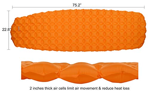 MARCHWAY Ultralight Inflatable Sleeping Pad Mummy Style, Durable Compact Portable Camping Air Mat for Outdoor Hiking Backpacking Traveling (Orange) - Thumbnail 3