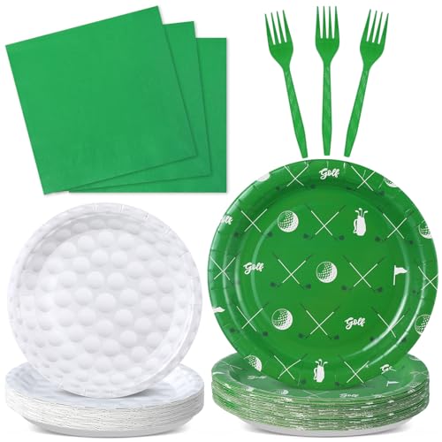 Image of Qyeahkj 100 Pcs Golf Party Supplies Golf Ball Disposable Plates and Napkins Set Green White Sports Themed Paper Plates Dinnerware Kit for Sports Birthday Baby Shower Party Decorations Favors Serve 25