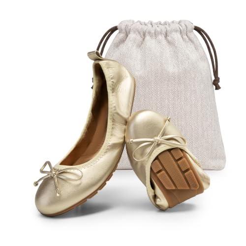 DREAM PAIRS Women's Foldable Bowknot Ballet Flats,Gold,7