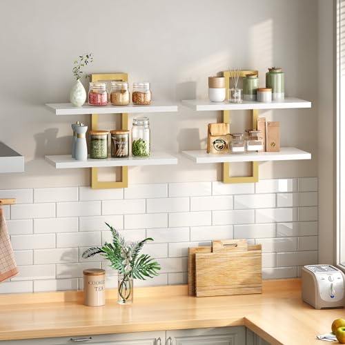 Image of HOOBRO Floating Shelves, 15 Inch Wall Shelf Set of 2, Wall Mounted Storage Shelves 2-Tier, Hanging Bathroom Shelves, for Living Room, Bedroom, Bathroom, Kitchen, White and Gold DW32BJ01