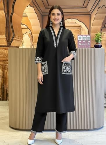 Image of SHEINZY Women's Embroidered Kurta Set with Pants | 3 /4 Sleeve V-Neck Kurti with Floral Thread Work | Ethnic Indian Wear for Casual & Festive Occasions | Comfortable Co-ord