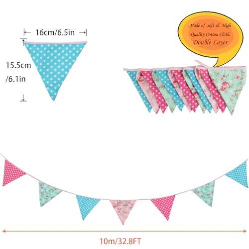 Image of Zwiebeco 32Ft Pink Blue Circle Dots Floral Fabric Bunting Triangle Flags Cotton Flowers Pennant Banner Decorations for Birthday Wedding Engagement Tea Party Spring Rustic Village Home Garden Decor