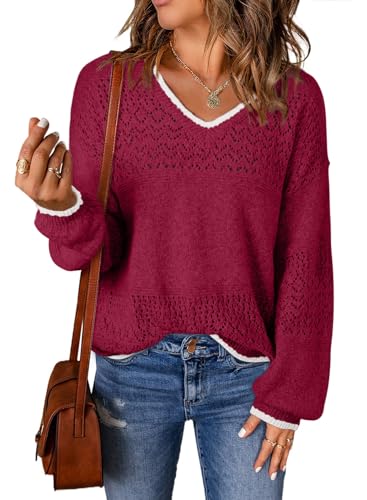 Image of SHEWIN Women's Sweaters Casual Long Sleeve V Neck Crewneck Lightweight Crochet Pullover Sweater Tops