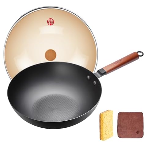 WANGYUANJI Iron Wok 12.6 inches,Wooden Handle Chinese Iron Pot Carbon Steel Wok Non-Coated Stir Fry Pan,Suitable for Home Cooking, Compatible with Induction, Gas, and Electric Ceramic Cooktops Cover