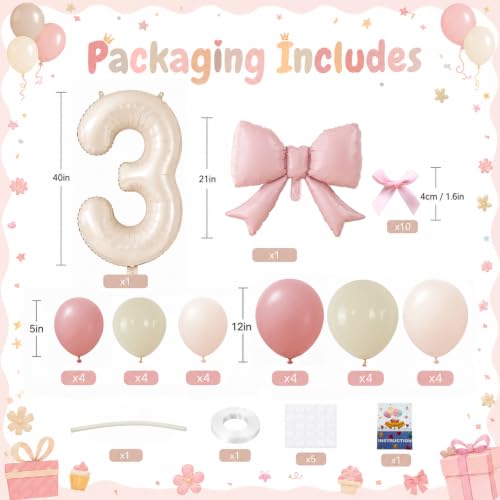 Image of 40 Inch Pink Beige Number 3 Balloon Tower with Bow 3rd Birthday Decorations