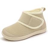 LeIsfIt Slipper Boots for Women Wide Warm House Shoes Non-slip Diabetic Winter Shoes Adjustable Bootie Slippers for Indoor & Outdoor, Beige Size 11