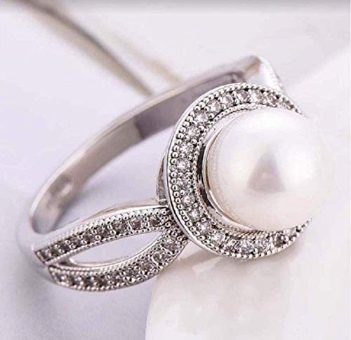 Xiaomei Women Pearl & White Sapphire 925 Sterling Silver Ring White Gold Filled White Pearl Wedding Engagement Ring Size 6-10 (Size 7) by XIAOMEI - Image 2