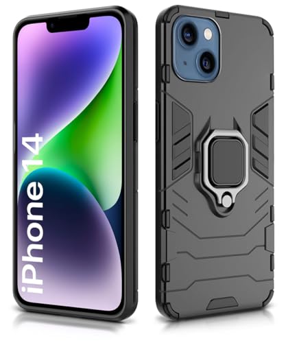 Image of WOW IMAGINE Shock Proof Back Case Mobile Cover for Apple iPhone 14 | Back Cover Case (Tough Armor | Hybrid PC + TPU | Ring Holder & in-Built Kickstand | Black)