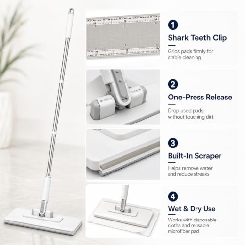 Mop With Pressure Clamp System 123cm Mop With Pressure Clamping System Mini Mops no Need to Wash 20 dry Sweeping Cloths for Cleaning Various Surfaces, Including Floors, Walls and Ceilings - Image 3