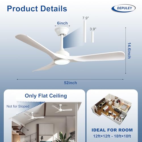 Image of Depuley Ceiling Fan with Light and Remote: 52 Inch White 3 Blade Outdoor Fans for Patios - Dimmable Indoor Fan with Remote Control Fandelier Ceiling FansUltra Quiet DC Motor Reversible 6 Speed Timer