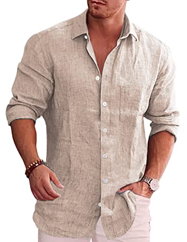 COOFANDY Mens Linen Shirt Long Sleeve Summer Beach Shirts Untucked Shirts for Men Vacation Wedding Shirts Khaki