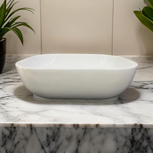 Image of SEA SHORE Wash Basin for Bathroom - Tabletop Ceramic Glossy Countertop Vessel Sink | Modern Designer Basin for Bathroom, Dining Hall & Vanity | 18 x 13 x 5.5 Inch (Brezza White)