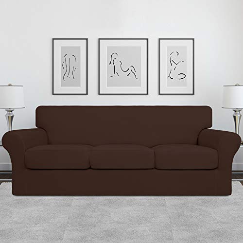 Image of Easy-Going 4 Pieces Stretch Sofa Cover for 3 Cushion Couch Washable | Sofa Slipcover for Stretch 3 Separate Sectional Cushion Couch - Elastic Furniture Protector for Pets, Kids Coffee