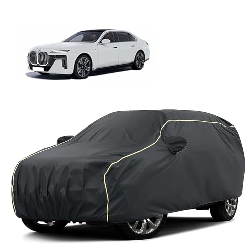 Image of Sulfar 100% Water Resistant Car Body Cover Compatible with Mirror for BMW i7(Electric) (Triple Stitched, Full Bottom Elastic, Dark Grey Tafetta with Yellow Piping)