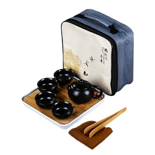 Servizio da Te Cinese, Set da The con Teiera e Tazze Ceramica, Set da Tè Kung Fu Tradizionale Portatile con 1 Teiera, 4 Tazze da Tè, 1 Vassoio da Tè e 1 Borsa da Viaggio (Nero)