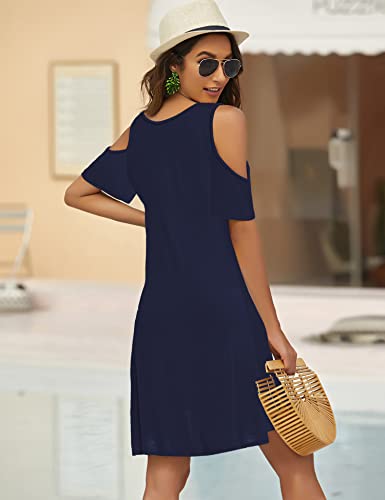 Image of Bluetime Women Cold Shoulder Summer Dress | Short Sleeve Casual Loose Swing Dress, Outfits for Vacation, Beach, Cocktail, Party, Wedding, Work, Casual, Date, Concert