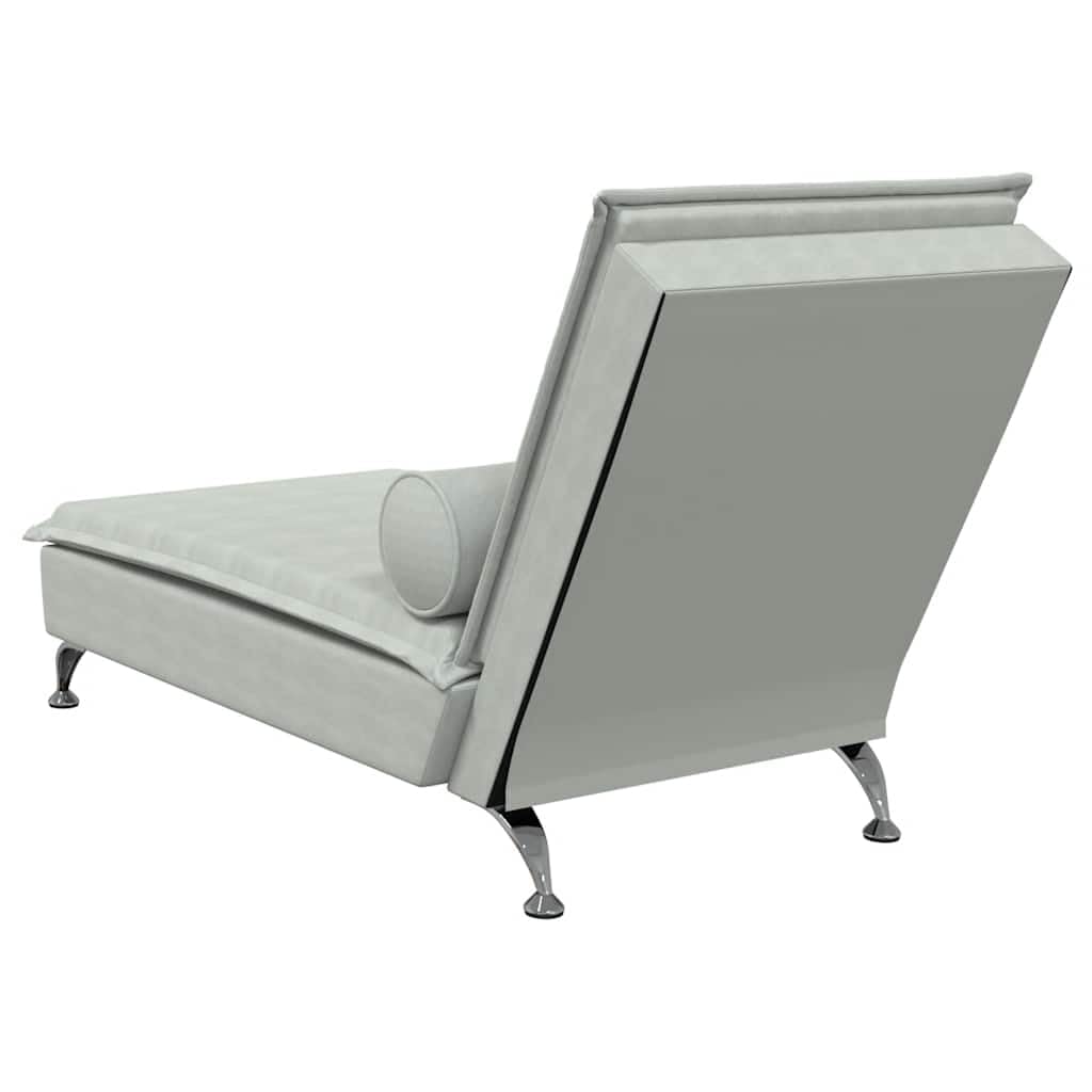 Masażer szezlong z rolką pod kark, jasnoszary, aksamitny, 136,5 x 56 x 75 cm, funkcja masażu USB, listwy ze sklejki, chromowane metalowe nogi do salonu i sypialni relaks