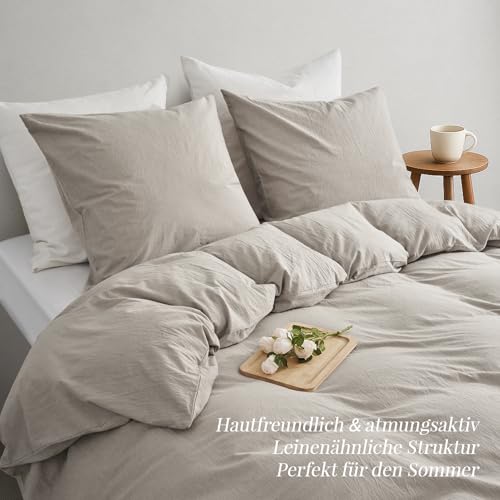 Housse de couette 200x200 coton 100% beige avec 2 taies d'oreiller 80x80 effet lin - 5