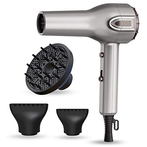 Professional Salon Ionic Hair Dryer, 1875W Negative Ion Bolw Dryer With Diffuser and 2 Concentrated Nozzle Attachment, Silver Gray