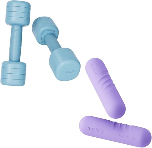 Paquete de mancuernas ajustables azules (5 libras) y barras de peso de mano moradas para mujer (2.2 libras)
