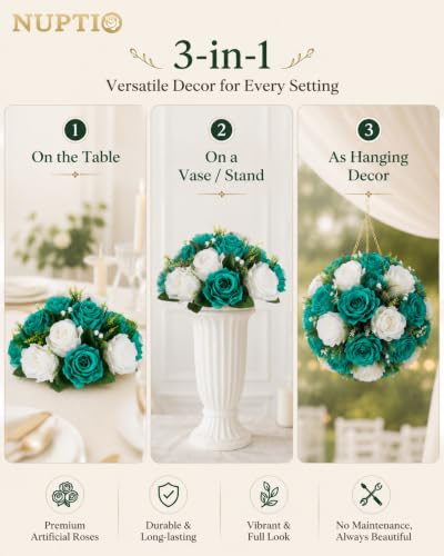 Image of NUPTIO Flower Wedding Centrepieces for Tables - 10 Pcs 9.5in Diameter Teal & White Artificial Flowers Rose Ball for Centerpieces Table - Fake Rose Arrangements for Weddings Birthday Party Decorations