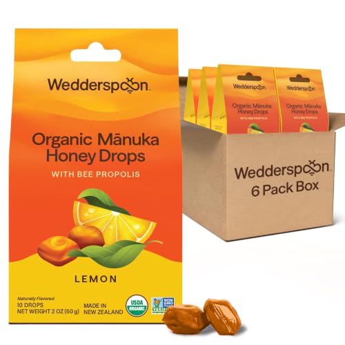 Image of Wedderspoon Organic Mānuka Honey Drops, Lemon & Bee Propolis, Pack of 6 | USDA Organic, Genuine New Zealand Honey, Natural Remedy for Dry Throat