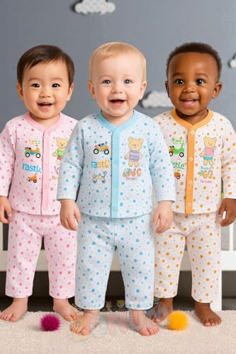 Image of BONUM Baby's Boy's Girl's 100% Cotton Button Shirt with Pyjama Pant Set of 3 New Born Baby Clothes