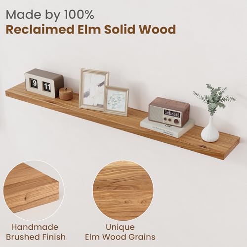 Image of Floating Shelves for Wall Decor, 8 inch Deep Rustic Solid Elm Wood Floating Shelves Wall Mounted, Wall Shelves with Invisible Bracket for Living Room Bathroom Bedroom Kitchen, 55 Inch Set of 1, Natural