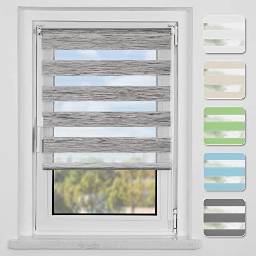 Buseu Store Enrouleur Jour Nuit Klemmfix sans perçage,Rideau 110l x 150L cm Lin Gris Facile à Montage, Double Tissu, Facile à Installer avec Clips pour Fenêtre ou Porte
