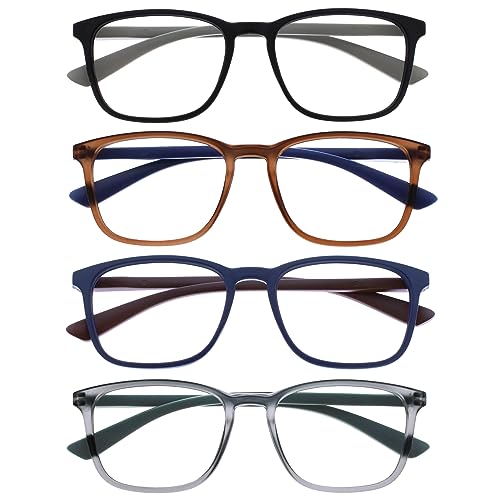 OPULIZE Max Gafas de Lectura - Pack de 4 - Marco Rectangular Clásico Grande - Negro Mate Marrón Azul Gris - Unisex Hombres Mujeres - Bisagras de Resorte - RRRR78-1237 - +3.50