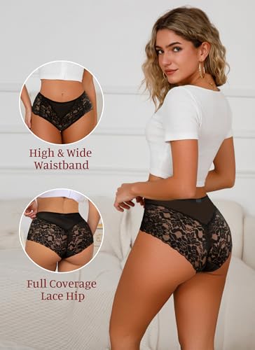 Image of Sexy High Waisted Underwear for Women Plus Size Briefs Breathable Lace Panties High Waisted Cheekster Granny Panties