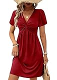  shownicer Robe Femme Ete Col V Manches Courtes A-Line Décontractée Couleur Unie Plissée Robe A Rouge L