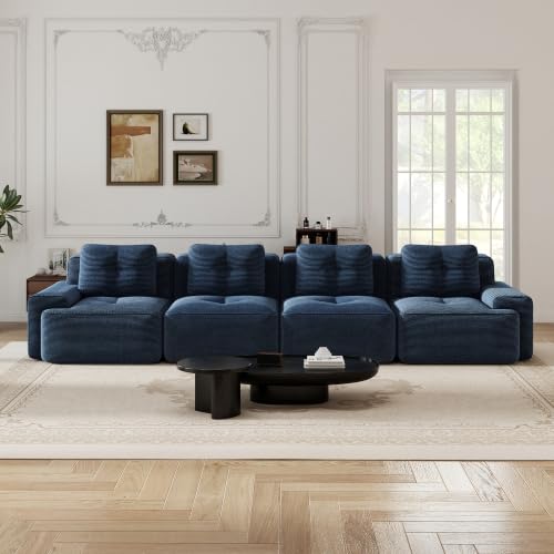 Image of 153 inch Extra Large 4-Seater Modular Boneless Couch, Luxury Corduroy Fabric, Deep Seat Cloud sectional Sofa with Buckle Connection, No Assembly Anti-Slip Couch for Big Living Room, Blue