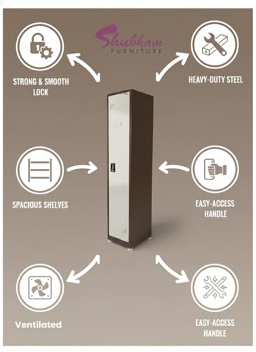 Image of Shubham Furnitures Single Door Steel Locker Cabinet with 4 Shelves & Hanging Rod | Heavy Duty Lockable Storage Cupboard for Office Gym Factory School | Powder Coated 1 Door Metal Locker Brown