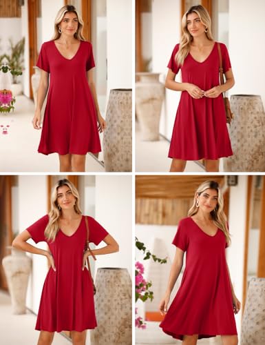 Image of JollieLovin Women T Shirt Plus Size Summer Swing Dresses Short Sleeve V Neck Loose Casual Dress(L-5X)