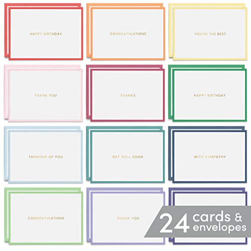 24 Pack Greeting Note Cards Rainbow Colors, Assorted All Occasion- Happy Birthday, Congratulations, Thank You, Get Well Soon, Thinking of You, Sympathy- 4.75 x 3.25 inches, Colorful Envelopes Included