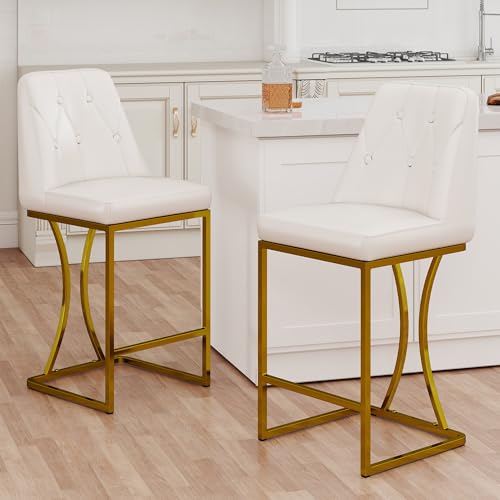 Image of LSSBOUGHT Counter Height Bar Stools Set of 2 24'' Upholstered Padded Barstools with Back Glam Kitchen Island Chairs with Golden Metal Iron Frame (White-Button-Gold Leg, 2PCS)