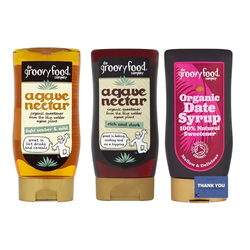 Natural Sweeteners Trio - Light & Mild Agave Nectar (250ml), Rich & Dark Agave Nectar (250ml) & Organic Date Syrup (340g) - Plant-Based Sugar Alternatives