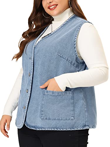 Agnes Orinda Plus Size Jean Vests For Women Waistcoat Button Down V Neck Sleeveless Denim Vest 3X Grey Blue #TOP1
