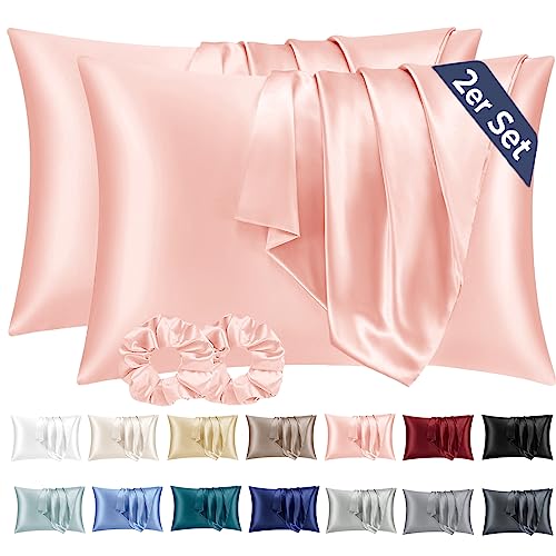 Vielit 2 Piezas Funda Almohada Saten 70x40 Rosa, Suave como la Seda, Funda de Almohada para el Cabello y la Piel, Viene con 2 Elásticos para el Cabello