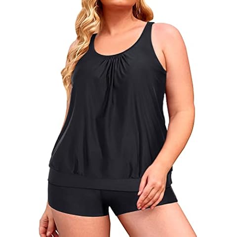 Yonique Plus Size Blouson Tankini Swimsuits for Women Tankini Top with Boyshorts Two Piece Bathing Suits - black - 18 Plus Cover