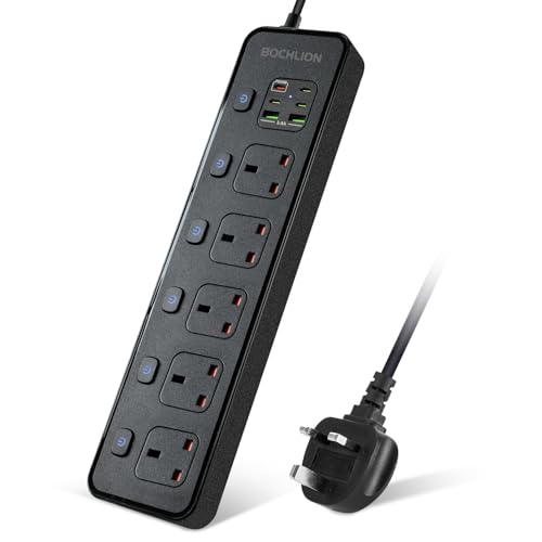 Extension Lead with 6 USB Slots, 5 Way Plug Extension Socket Surge Protection Power Strip with PD30W USB C Slot, Independent Switches and 2M Extension Cord Wall Mounted for Home Office-Black
