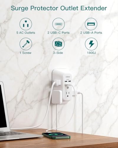 Image of Addtam 5-Outlet Extender Surge Protector, Multi Plug Wall Outlet with 4 USB Wall Charger(PD 20W), Outlet Splitter Power Strip for Home Office Dorm Room Essentials, Plug Extension Outlet 1800J