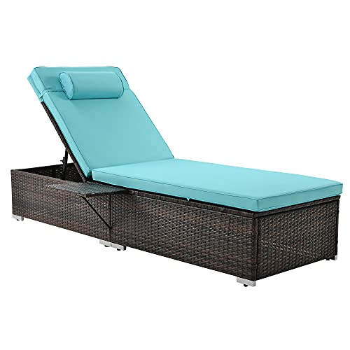 Outdoor PE Wicker Chaise Lounge - 2 Piece Patio Brown Rattan Reclining Chair Furniture Set Beach Pool Adjustable Backrest Recliners with Side Table and Comfort Head Pillow (White+Brown + Rattan) - Thumbnail 2