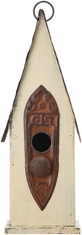 Glitzhome Bird Houses for Outside, Garden Hanging Birdhouse for Outdoors, 13.25" H Washed White Distressed Hand Painted Solid Wood Bird House for Bluebird Hummingbird Wren Finch Cardinals Cedar