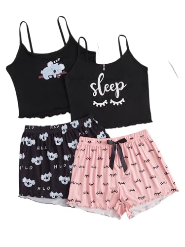 WDIRARA Women's 4 Pieces Cartoon Print Sleepwear Lettuce Trim Cami Top and Shorts Pajama Set