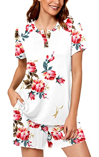 Syoss Women's Pajamas Sets, Summer Casual Short Sleeves Henley Round Neck Button Up Tunic Top With Comfy Capri Pants, Loungewear Sleepwear 2 Piece Ladies Pjs Sets With Pockets Xxl, Floral White #TOP1