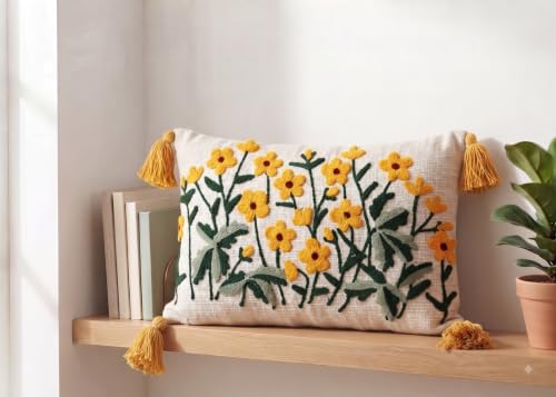 Image of Furnistitchs Boho Rectangle Cushion Cover 12x20 inches | Handmade Decorative Throw Pillow Case | Bohemian Home Decor Sofa Bed Cushion Cover Living Room Bedroom (1, Yellow Lillies, 12x20 inches)