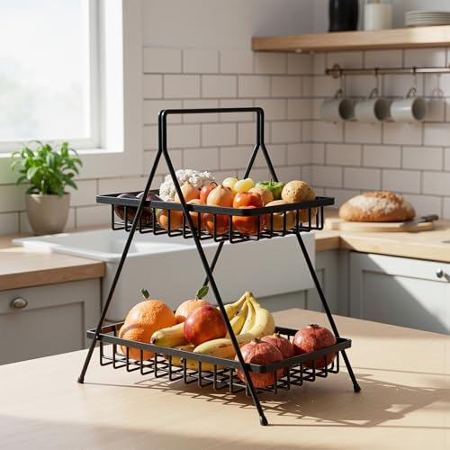 Image of Kuber Industries Metal 2 Tier Fruit & Vegetable Basket for Kitchen | Dining /Kitchen Rack /Countertop Organizer | Multipurpose Storage Stand | Black